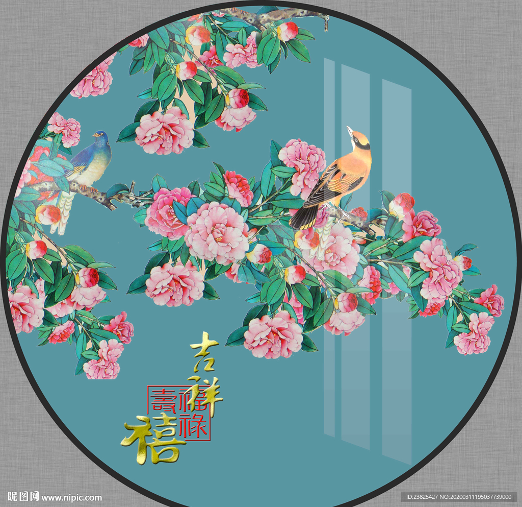 新中式手绘工笔花鸟圆形装饰画