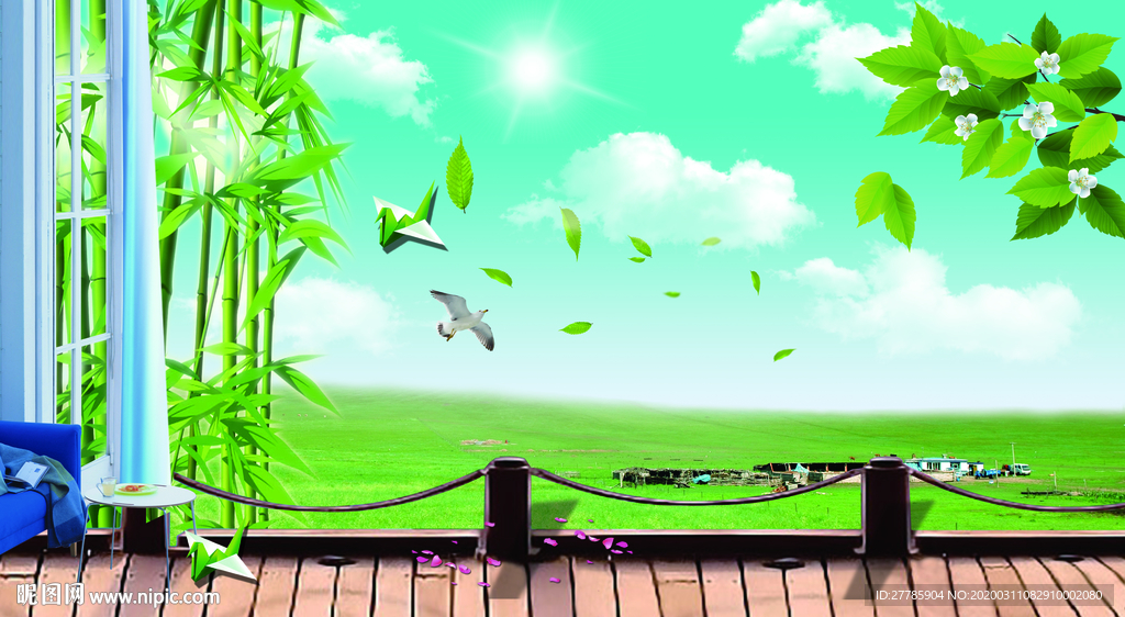 蓝天白云草原春天风景