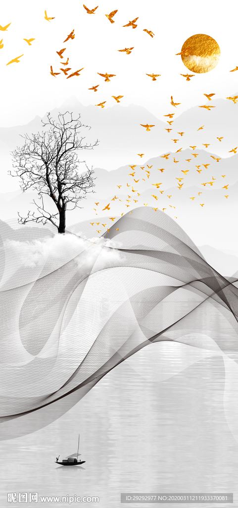 新中式抽象山水线条玄关