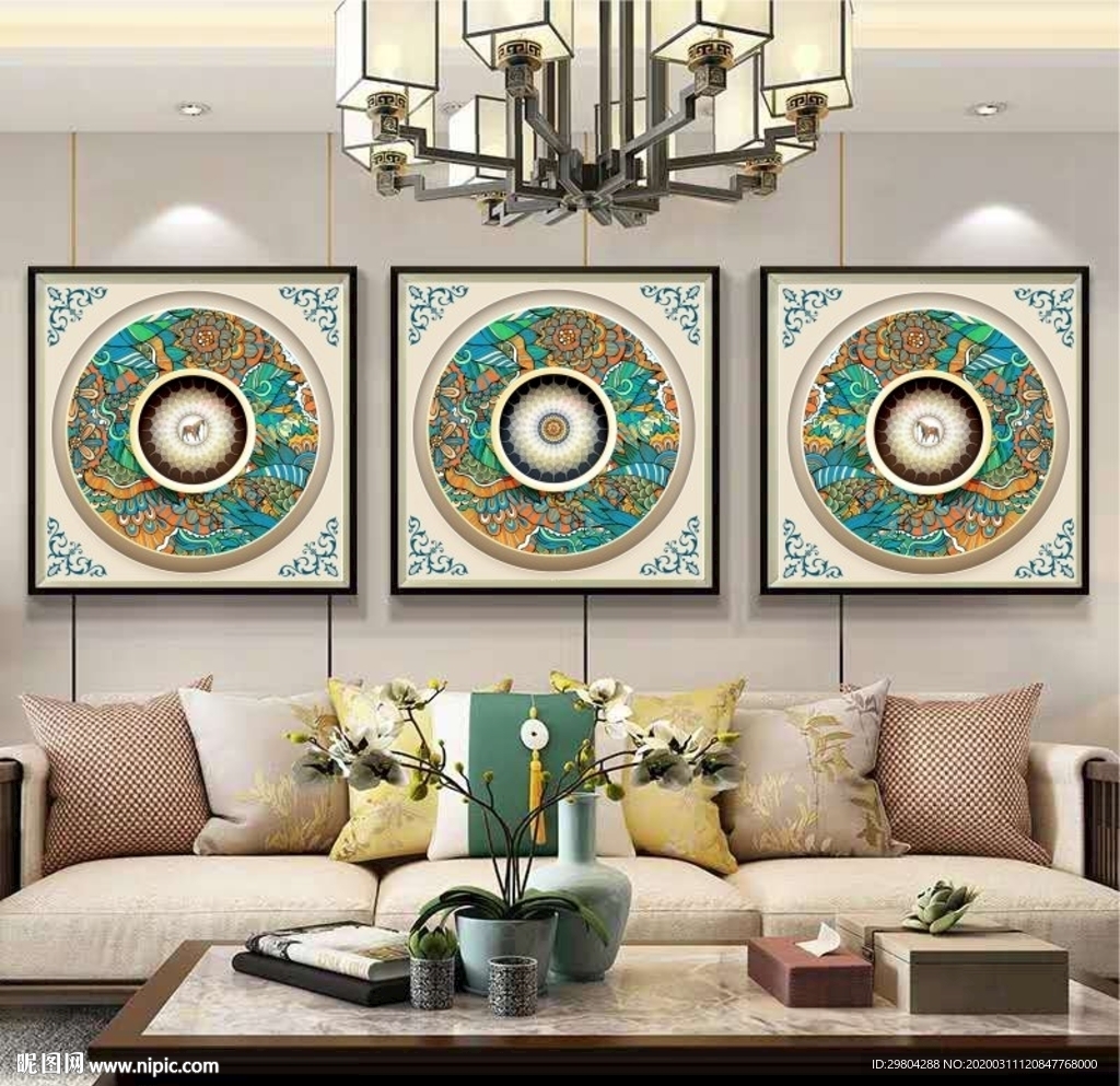 中国风客厅沙发三联