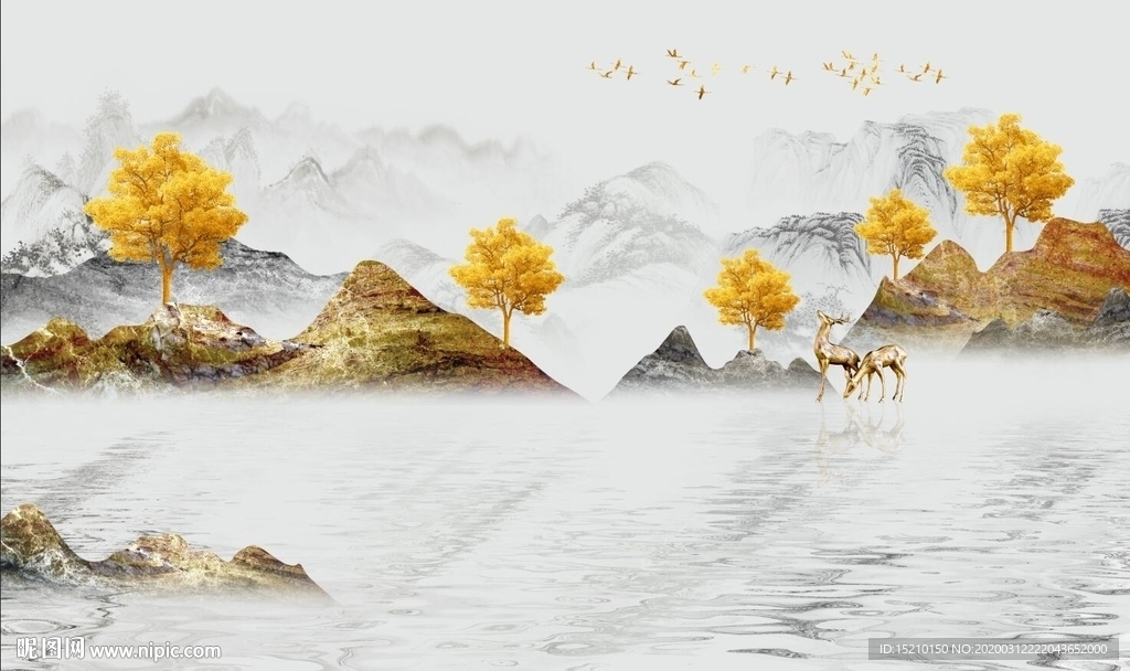 水墨山水发财树电视背景墙