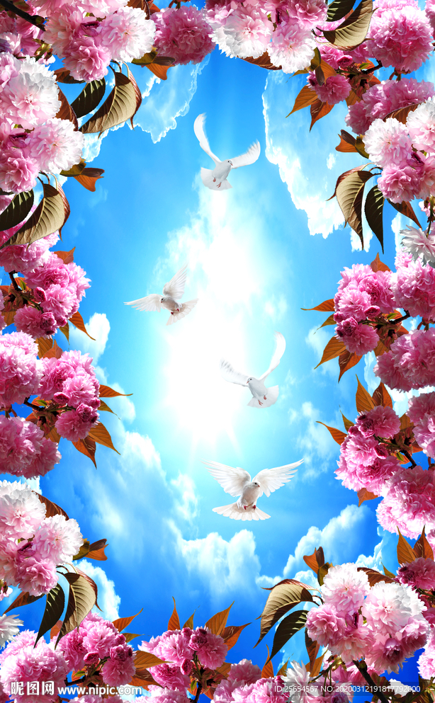 现代简约手绘花卉天顶壁画