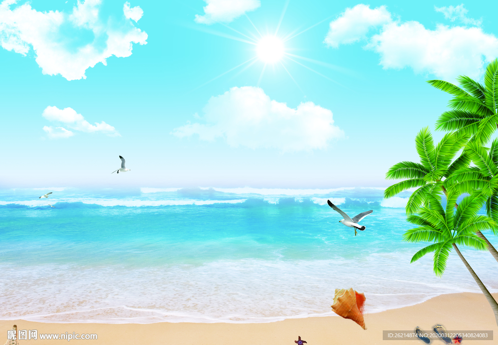 蓝天白云大海沙滩唯美海边风景图