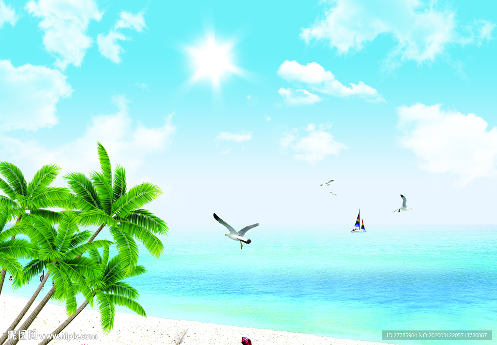 蓝天白云大海沙滩唯美海边风景图