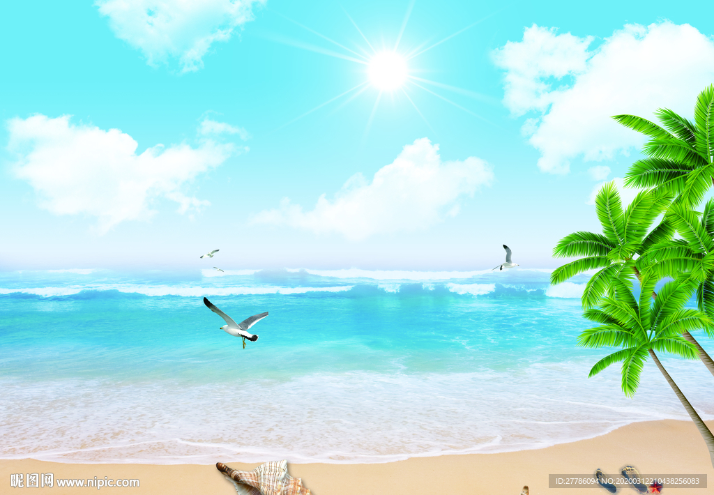 海边椰树蓝天白云海鸥风景壁画图图片