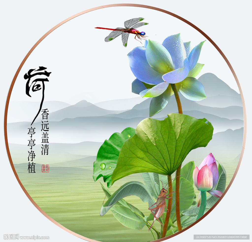 原创荷花装饰画背景墙