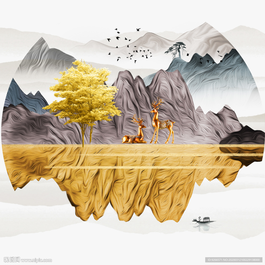 新中式麋鹿山水轻奢艺术抽象装饰
