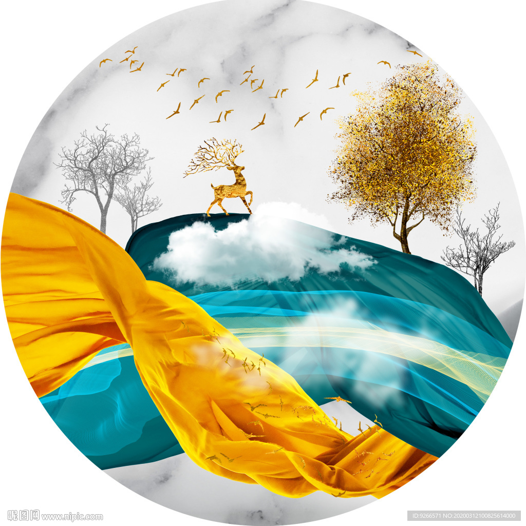 新中式麋鹿山水轻奢艺术抽象装饰