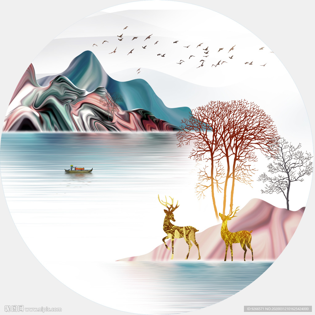 新中式现代麋鹿山水轻奢艺术抽象