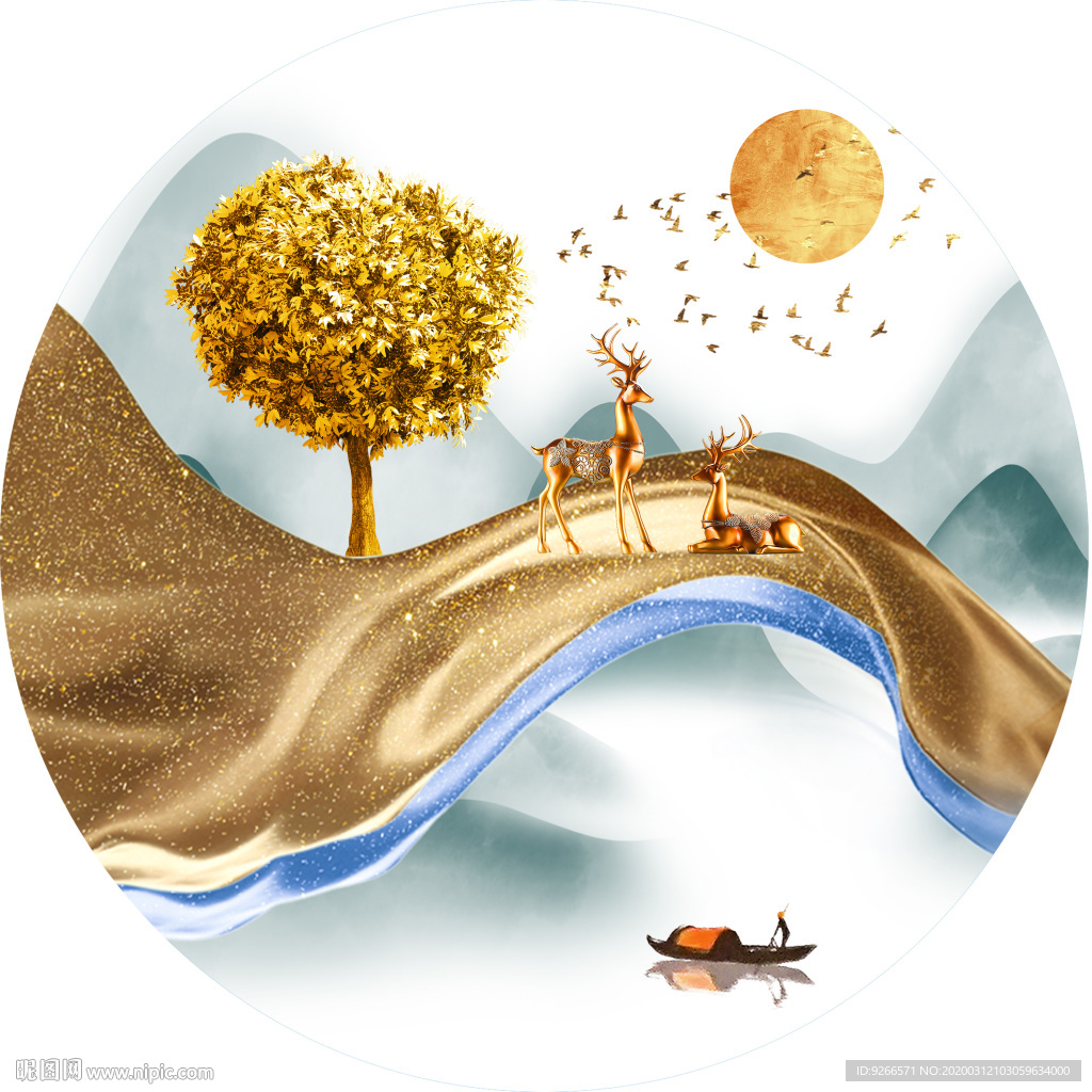 新中式现代麋鹿山水轻奢艺术抽象