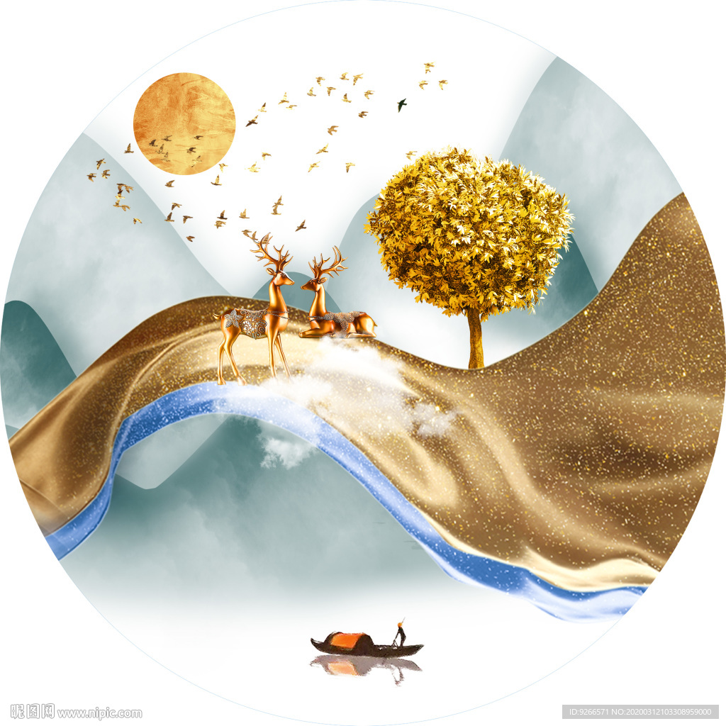 新中式现代麋鹿山水轻奢艺术抽象