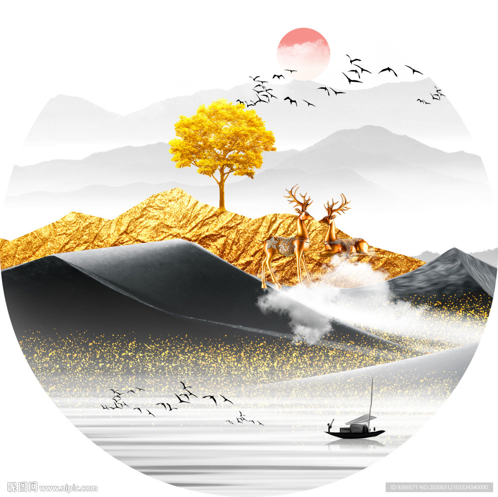 新中式现代麋鹿山水轻奢艺术抽象