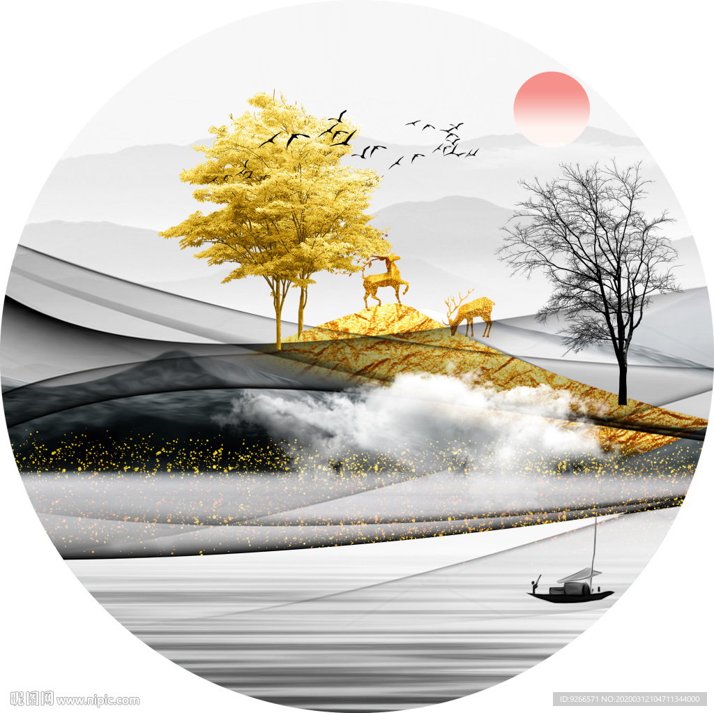 新中式现代麋鹿山水轻奢艺术抽象