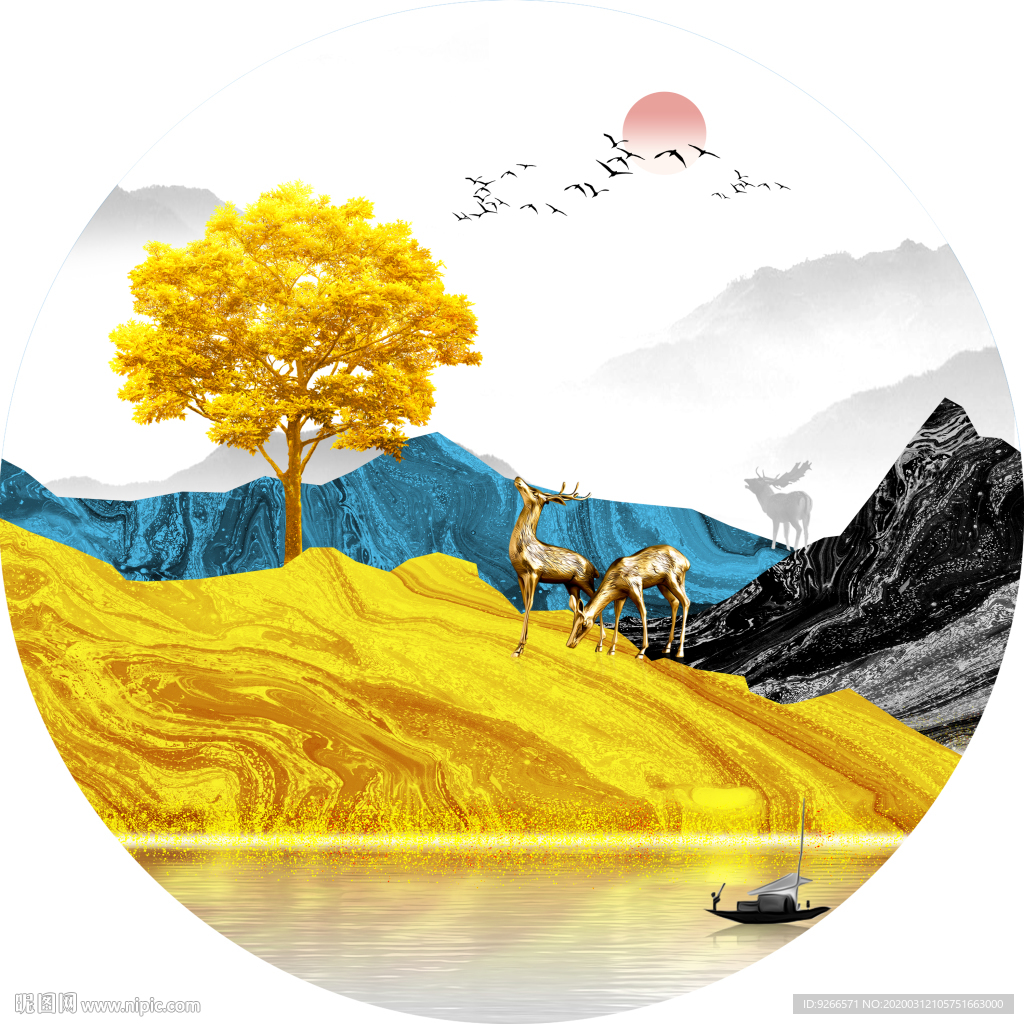 新中式现代麋鹿山水轻奢艺术抽象