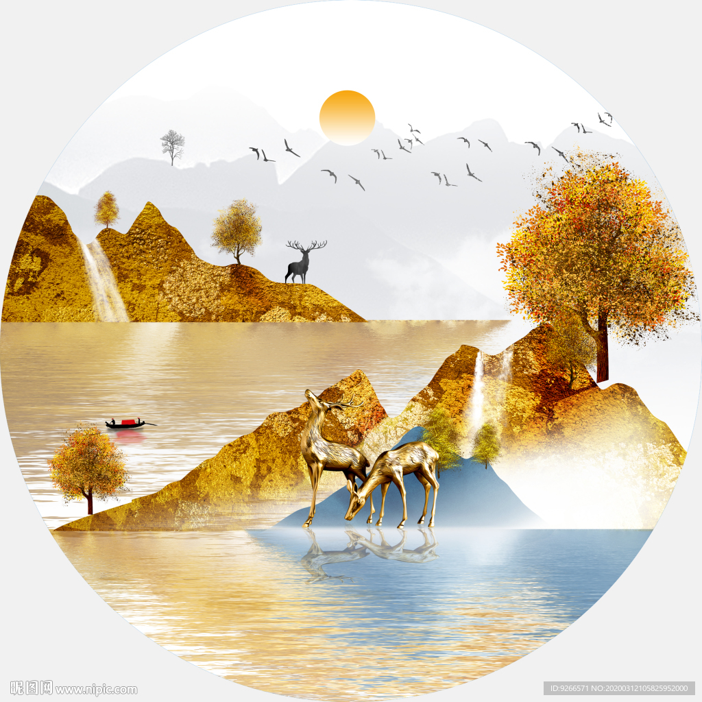 新中式现代麋鹿山水轻奢艺术抽象