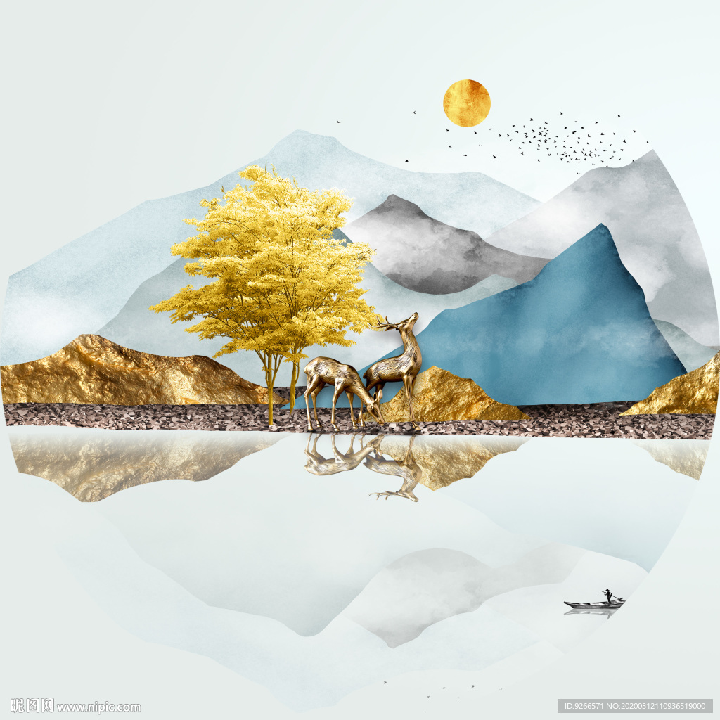 新中式现代麋鹿山水轻奢艺术抽象