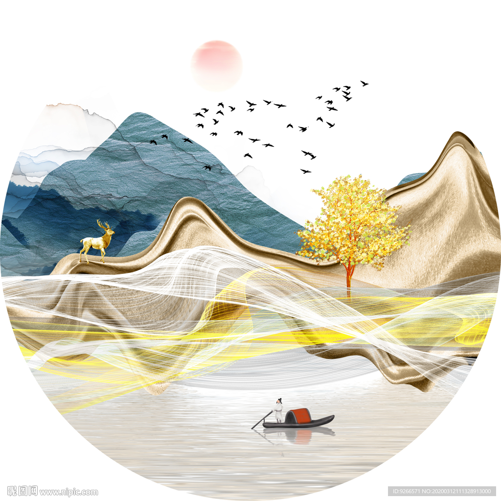 新中式现代麋鹿山水轻奢艺术抽象