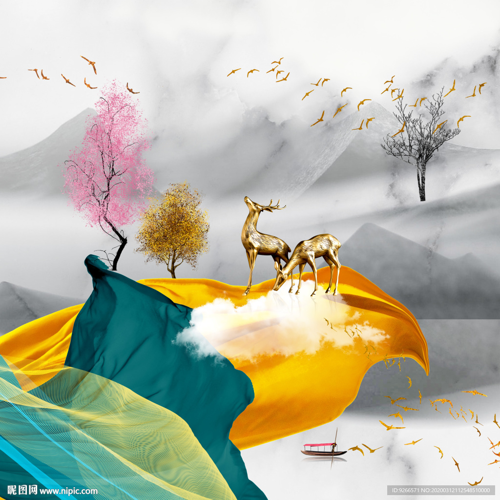 新中式现代麋鹿山水轻奢艺术抽象