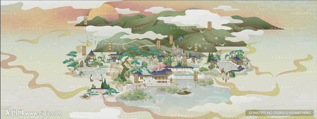 桃花源  仙境 水墨山水画