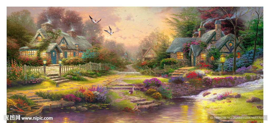 田园风景油画小屋