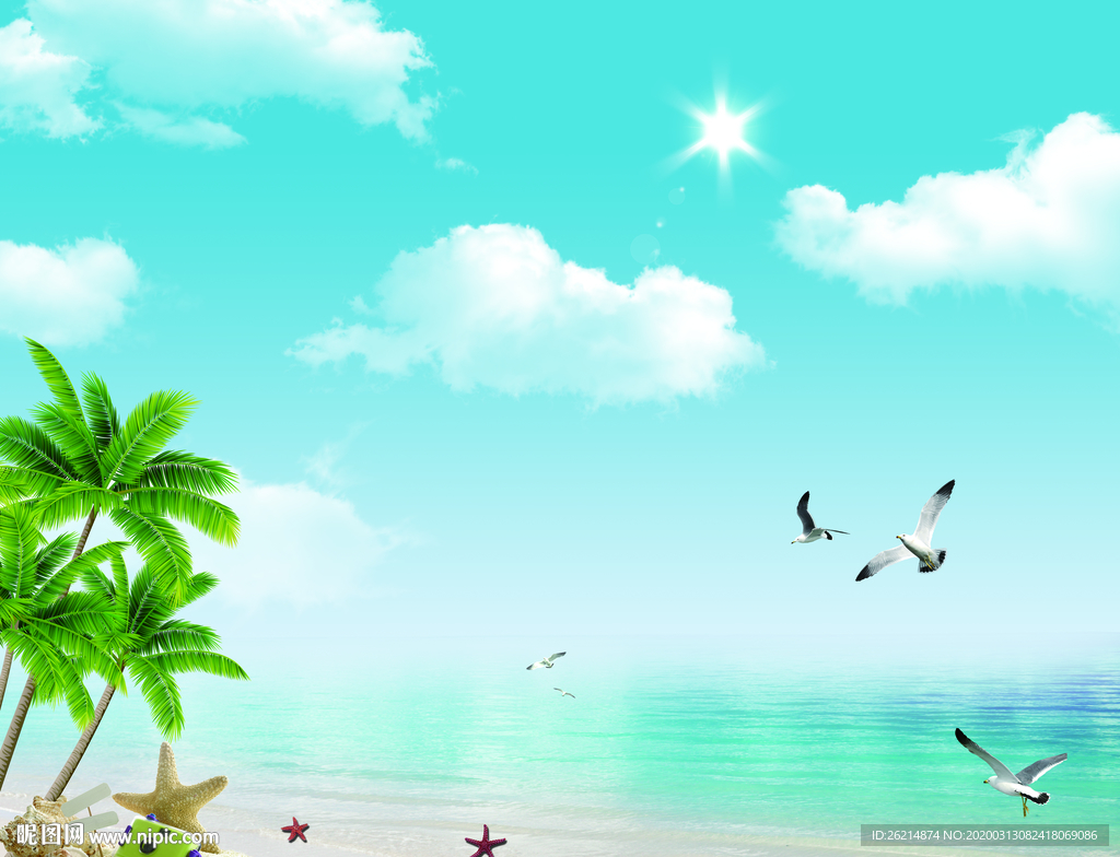 夏日沙滩蓝天白云海景