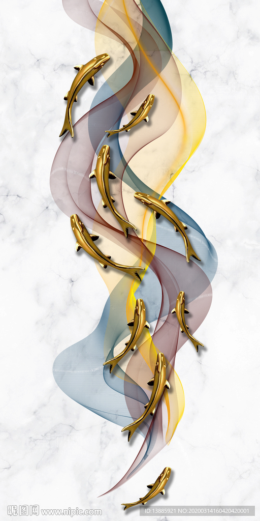 新中式抽象山水九鱼图