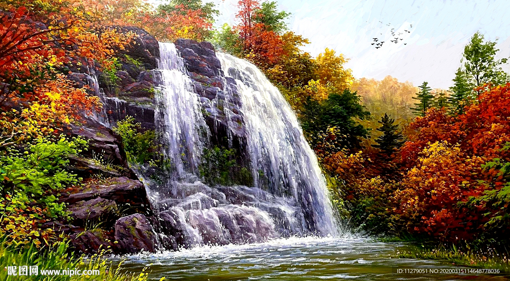 瀑布风景油画