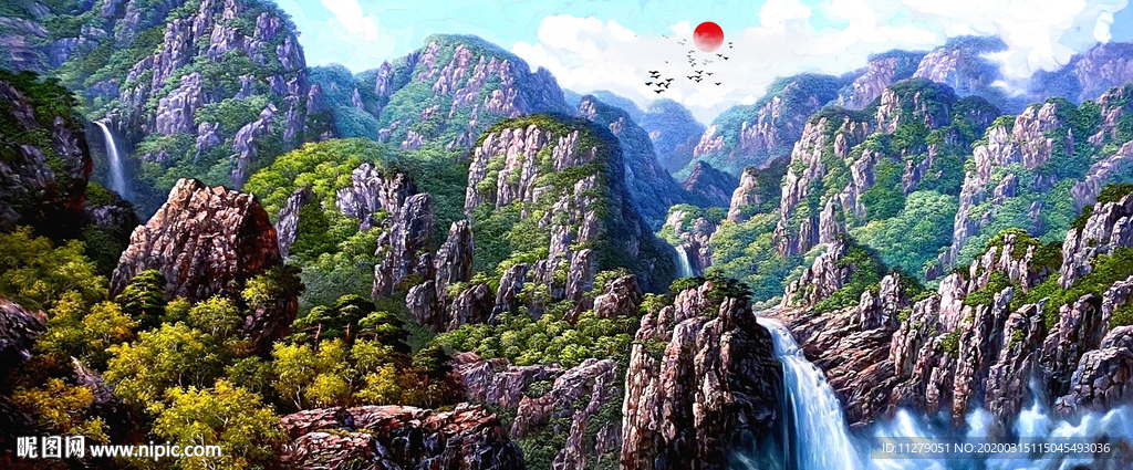 山水旭日油画