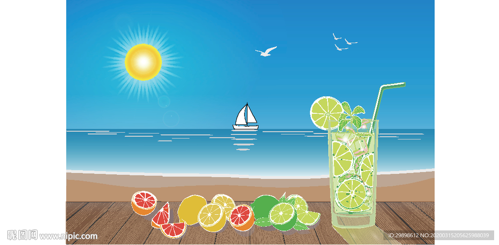 蓝天大海沙滩，桌面上的柠檬饮料
