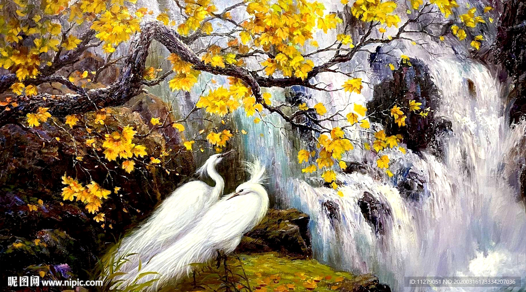 双鸟风景油画
