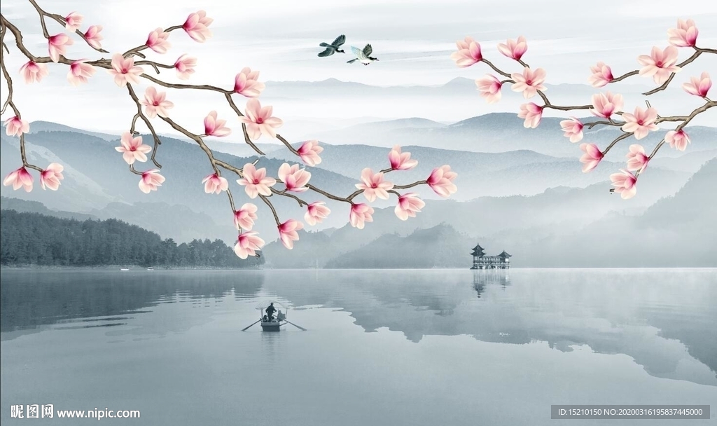 水墨山水玉兰花电视背景墙