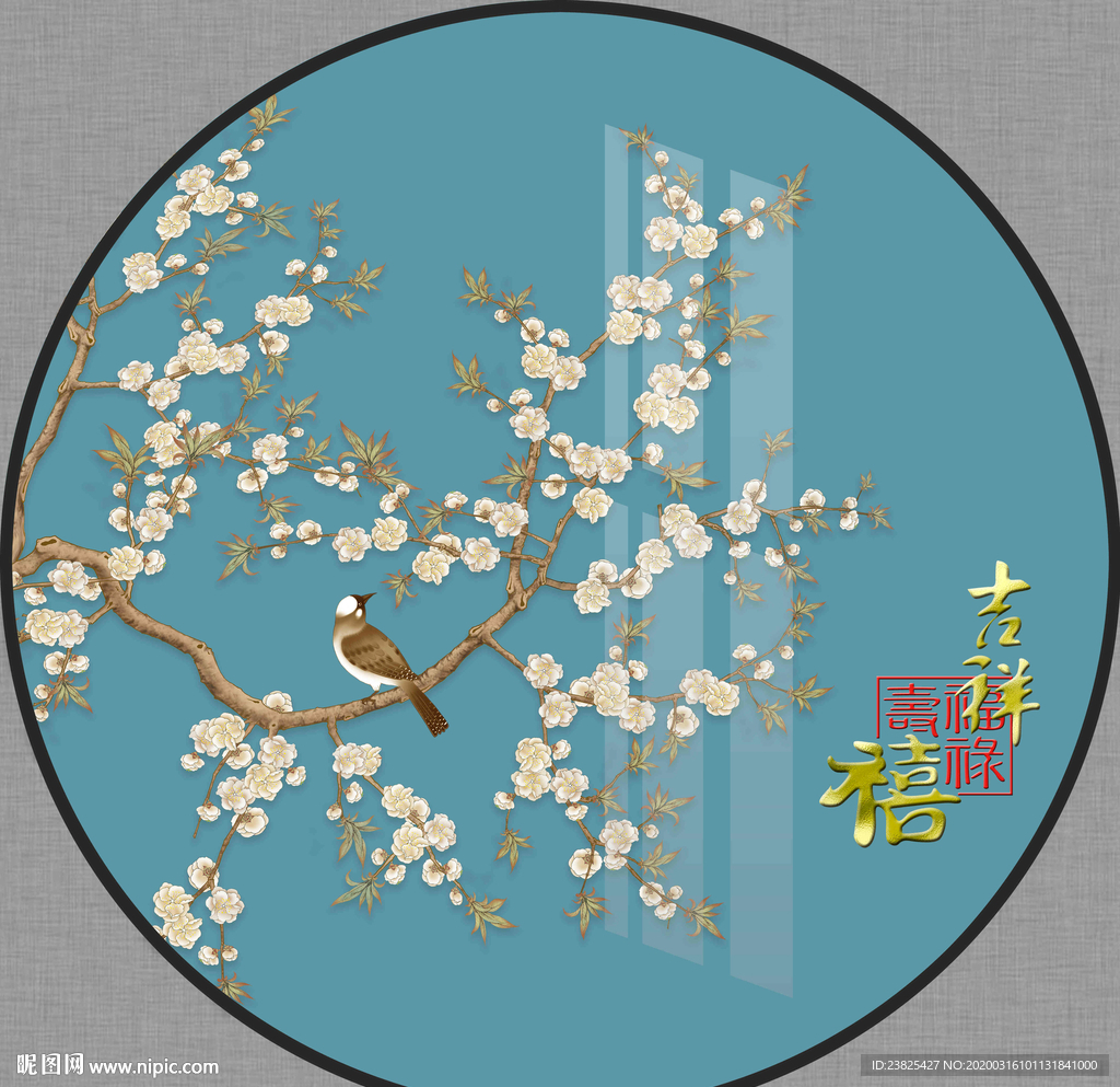 新中式手绘工笔花鸟圆形装饰画
