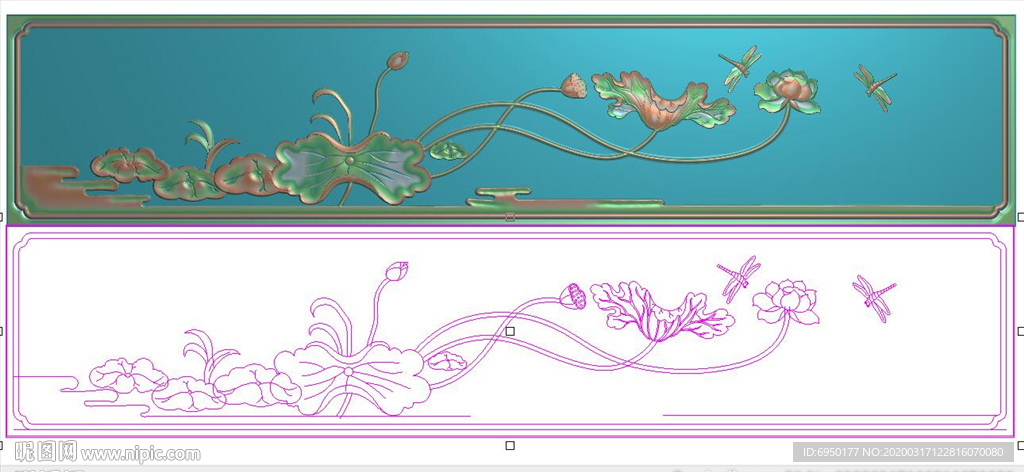 长方形荷花蜻蜓床板精雕图浮雕图