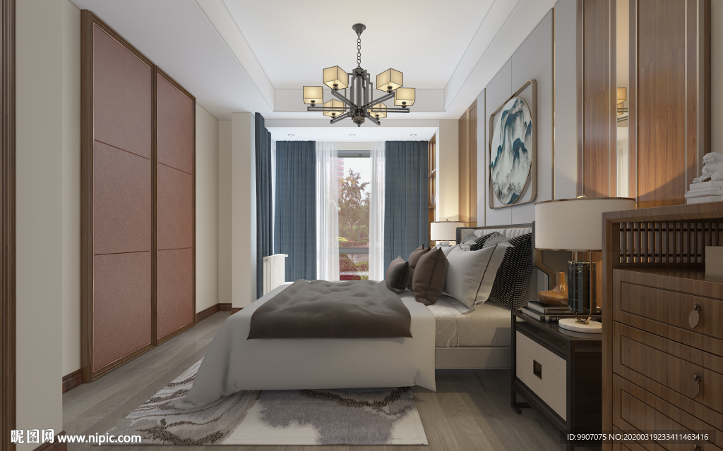 卧室效果图  室内设计 新中式