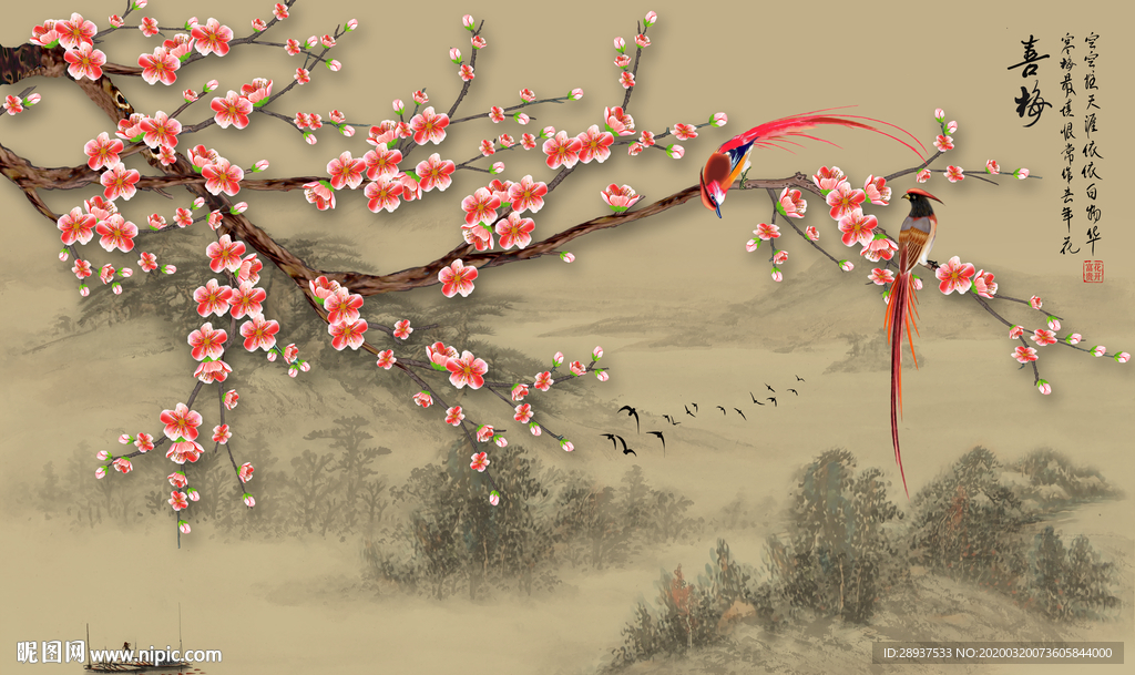 原创高清手绘梅花喜鹊背景墙