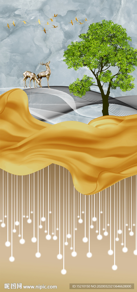 金色丝绸发财树玄关背景墙