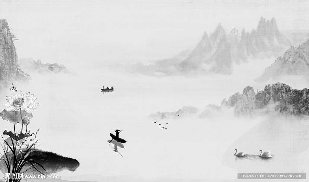 中式水墨山水荷花壁画