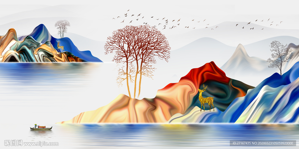 新中式彩色山水背景图