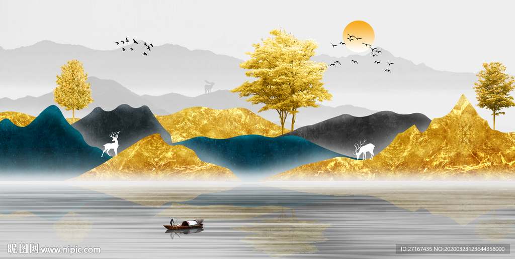 金色山水风景画