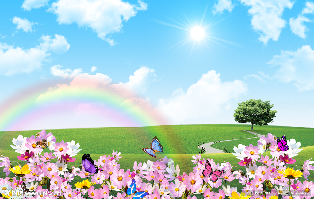 蓝天白云花草地