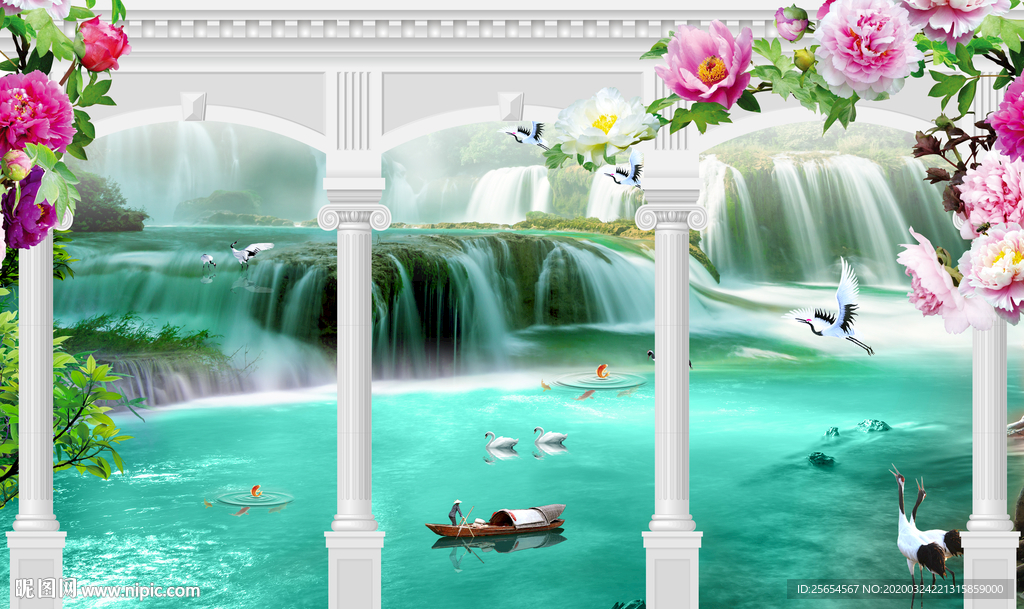 山水瀑布风景流水生财背景墙