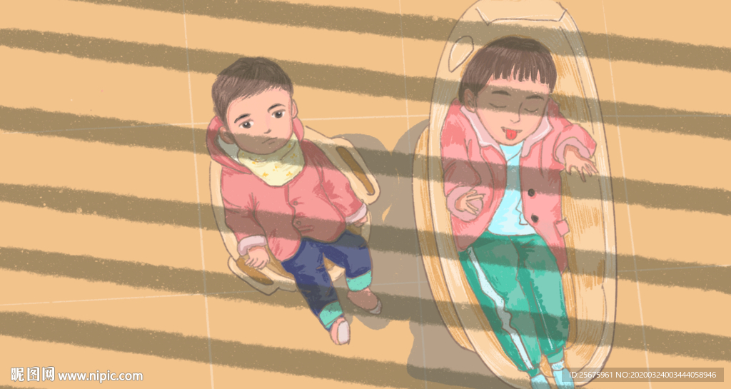 两小孩晒太阳和童年手绘插画
