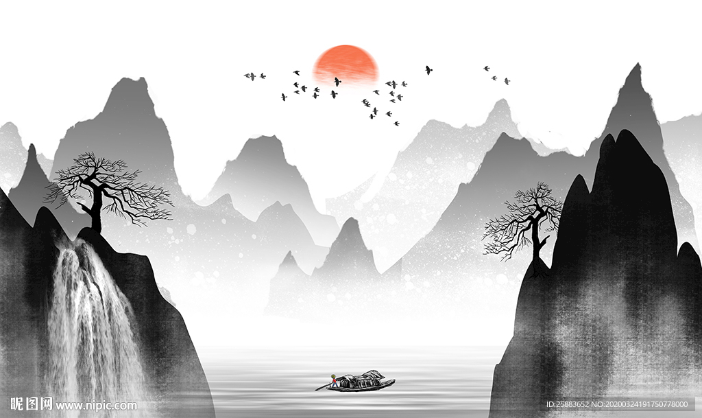 新中式山水电视背景墙