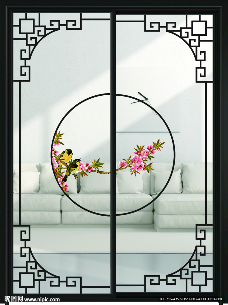 中式移门梅花小鸟高清彩图