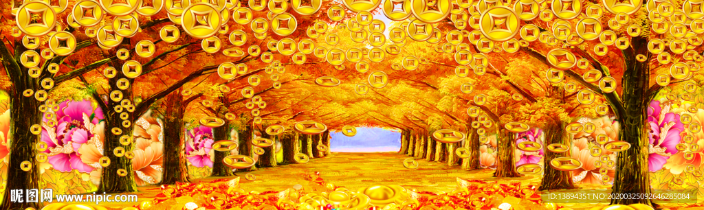 黄金满地金秋大道摇钱树无框画