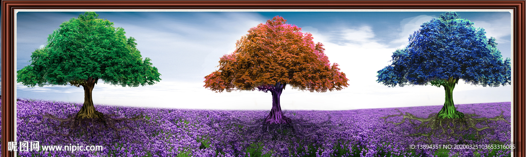 风景树紫色薰衣草装饰画