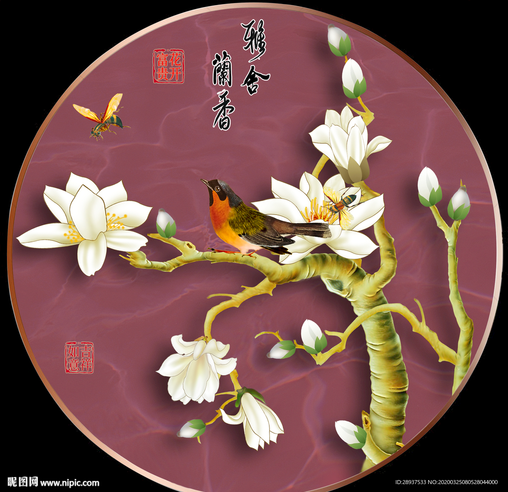 原创高清手绘玉兰花鸟装饰画