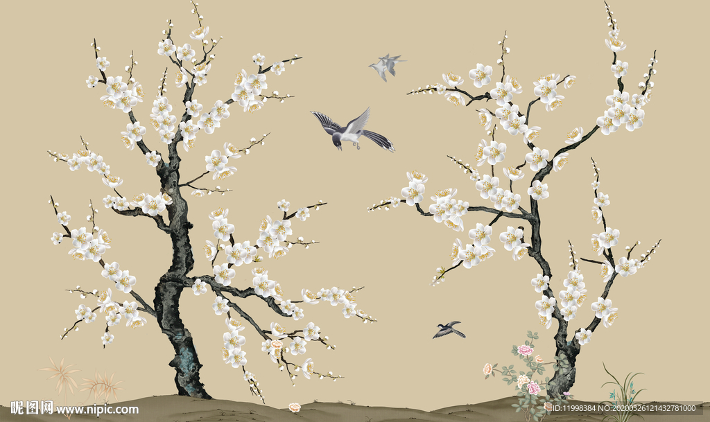 工笔花鸟背景墙