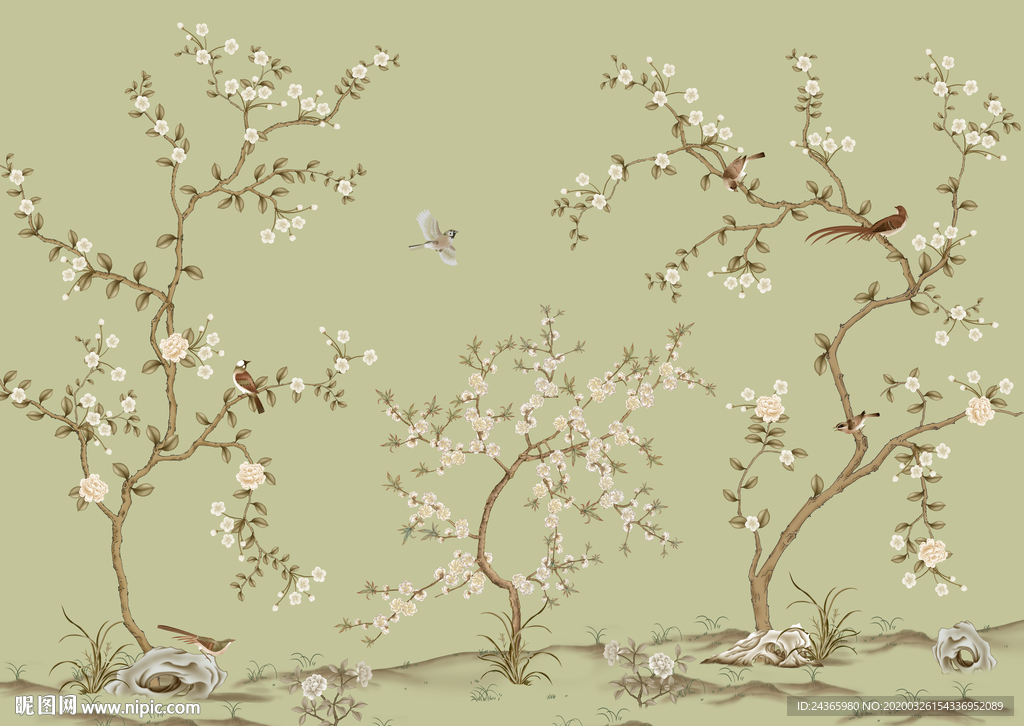 复古花鸟壁画背景素材