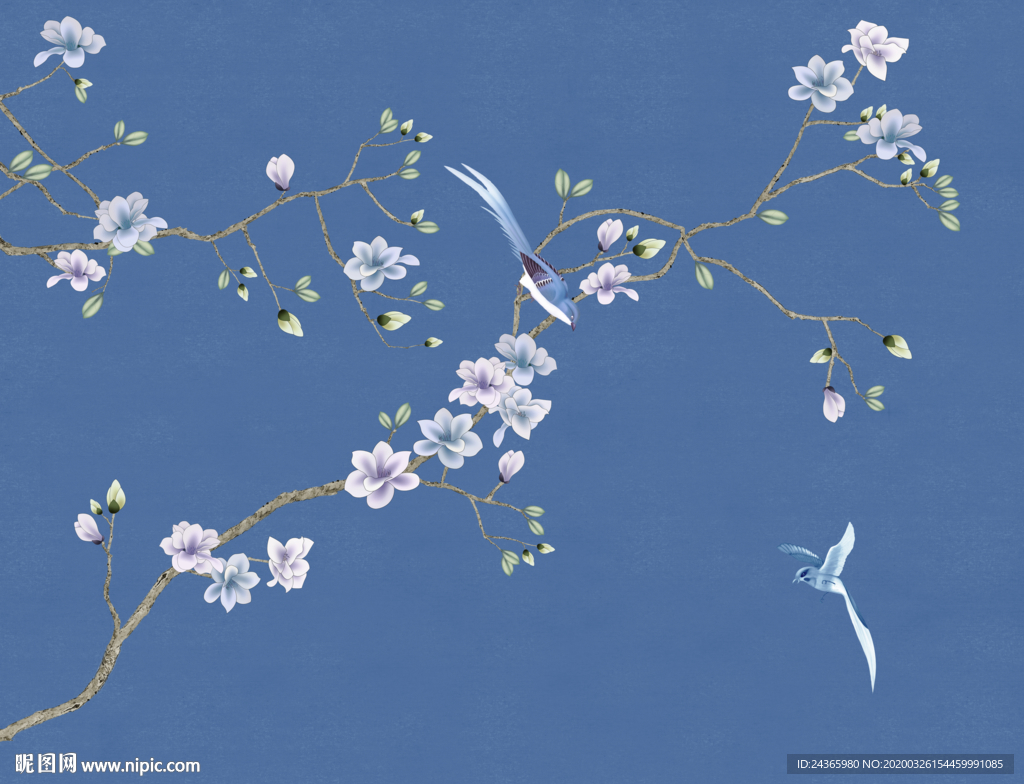 蓝色清新花鸟壁画背景